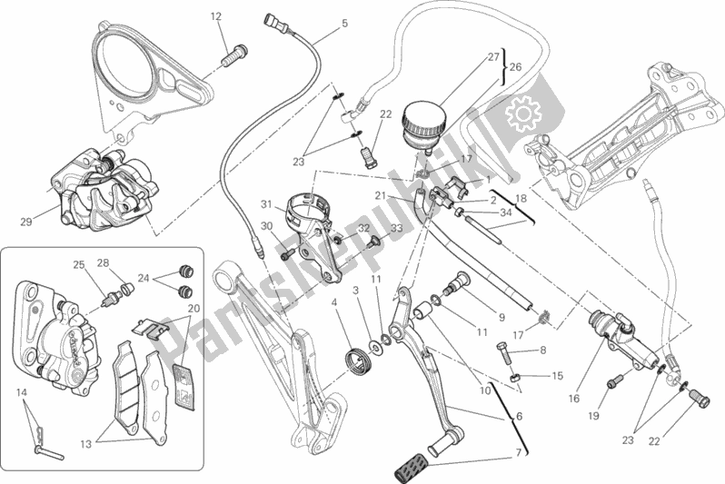 Alle onderdelen voor de Achter Remsysteem van de Ducati Diavel Cromo USA 1200 2013